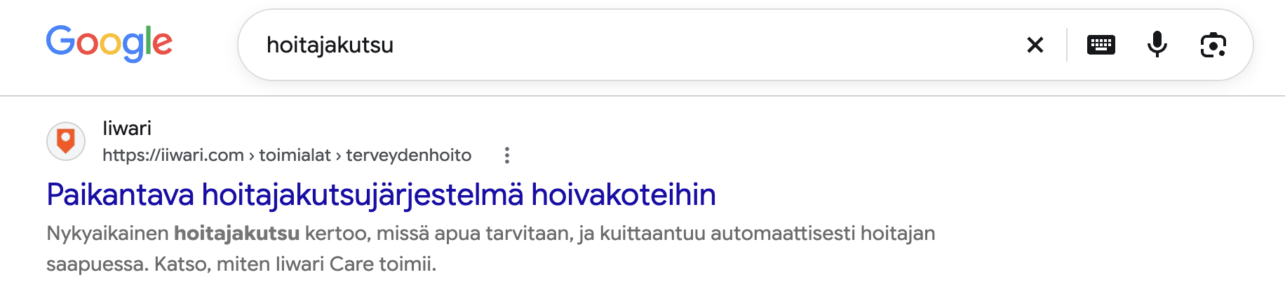 Google-hakutulos haulla hoitajakutsu: iiwari.com ensimmäisenä