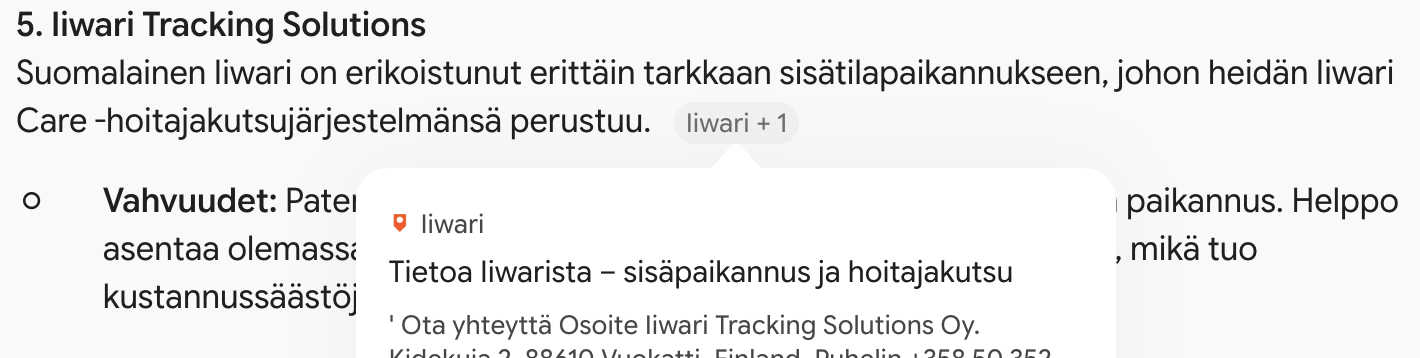 Google Geminin vastaus, jossa Iiwari ja Iiwari Care -hoitajakutsujärjestelmä mainitaan lähteenä iiwari.com